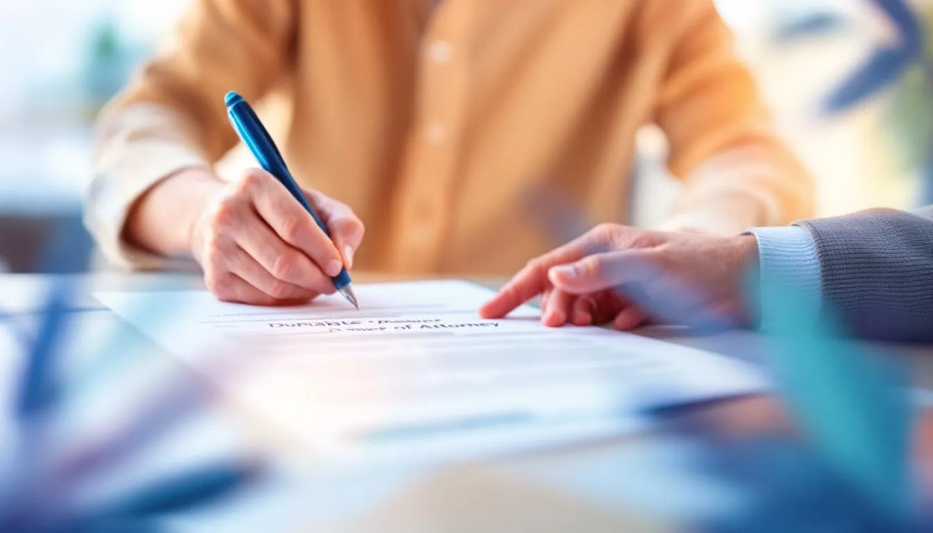 A blurred image of a person signing a durable power of attorney document.