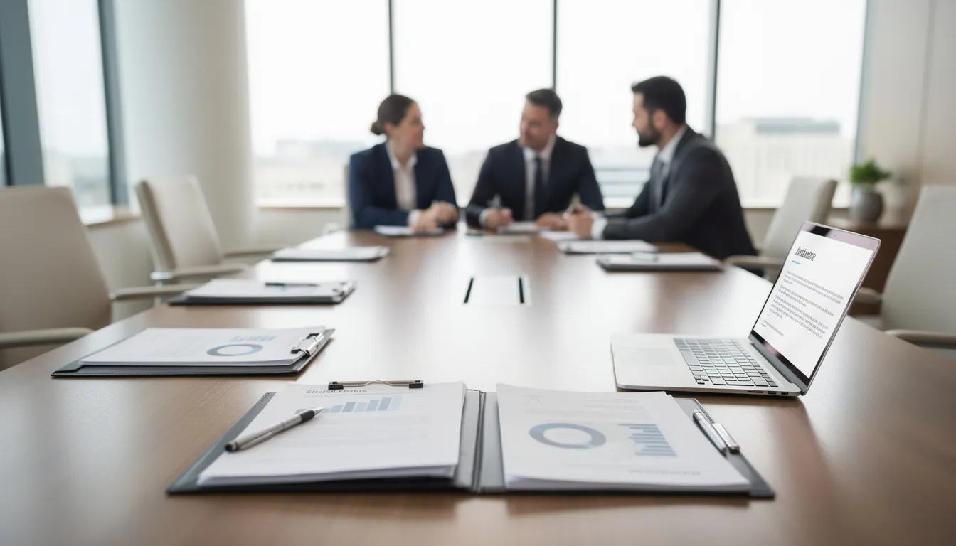 A professional estate planning consultation is taking place at a conference table, featuring various documents and a laptop, as an estate planning attorney discusses important financial decisions and legal advice regarding the client's estate plan and specific needs for their loved ones. The scene emphasizes the significance of preparing for the future and managing assets effectively.