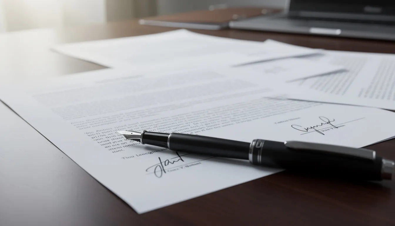 A collection of important legal documents is spread out on a desk, accompanied by a pen poised for signing, symbolizing the essential process of estate planning and financial decisions for loved ones. These documents may include details on estate and inheritance taxes, reflecting the importance of consulting with estate planning attorneys or tax advisors to ensure wishes are fulfilled and assets are protected.