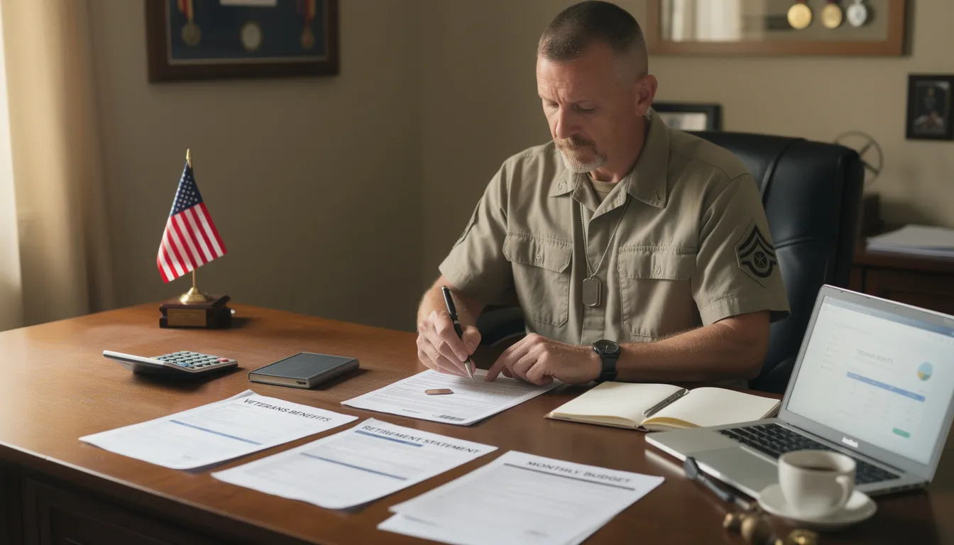 A military veteran is seated at a desk, carefully reviewing financial documents and benefit paperwork related to their VA pension and aid and attendance. The scene reflects the veteran's focus on understanding their eligibility for various VA benefits and ensuring their financial stability after active duty service.