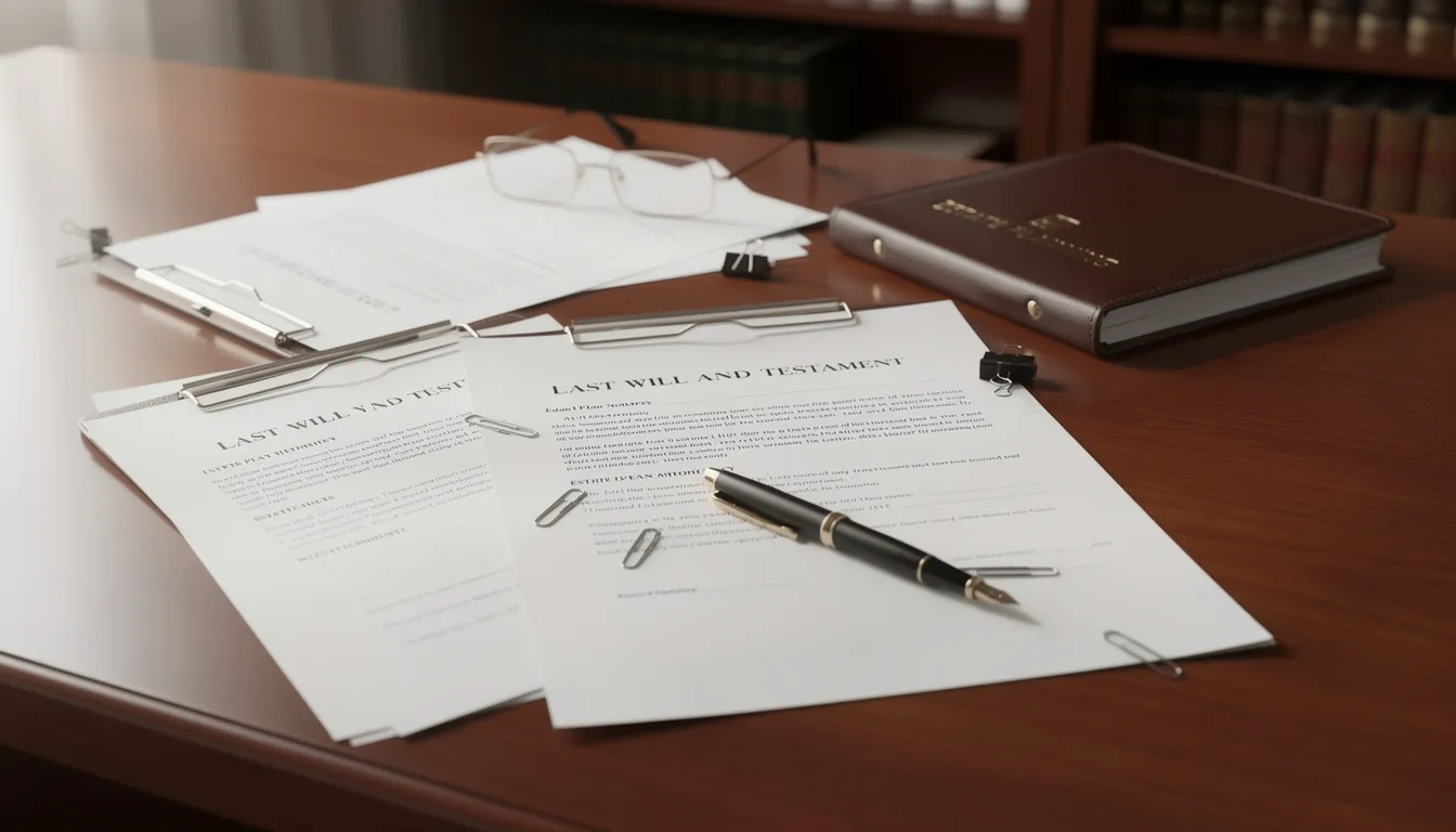 The image shows a cluttered desk filled with various legal documents and paperwork related to estate planning, such as wills and affidavits. This paperwork is essential for managing a deceased person's estate, addressing outstanding debts, and navigating the probate process.