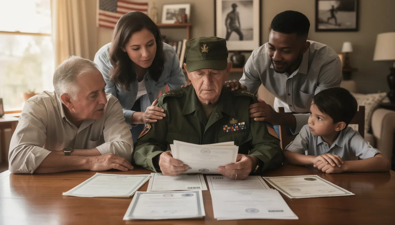 An elderly veteran wearing a military cap sits with family members as they review important documents, likely related to VA benefits such as pension and aid and attendance. The scene reflects a moment of support and collaboration as they discuss options for the veteran's care and financial assistance.