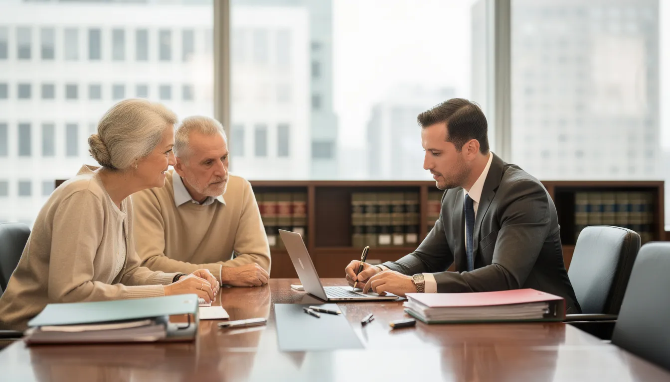 The image depicts a professional attorney seated at a conference table in an office, engaged in a meeting with an older couple as they review important legal documents related to estate planning. The atmosphere conveys a sense of trust and collaboration, as the attorney assists the clients in understanding their comprehensive estate plan and ensuring the protection of their family's future.