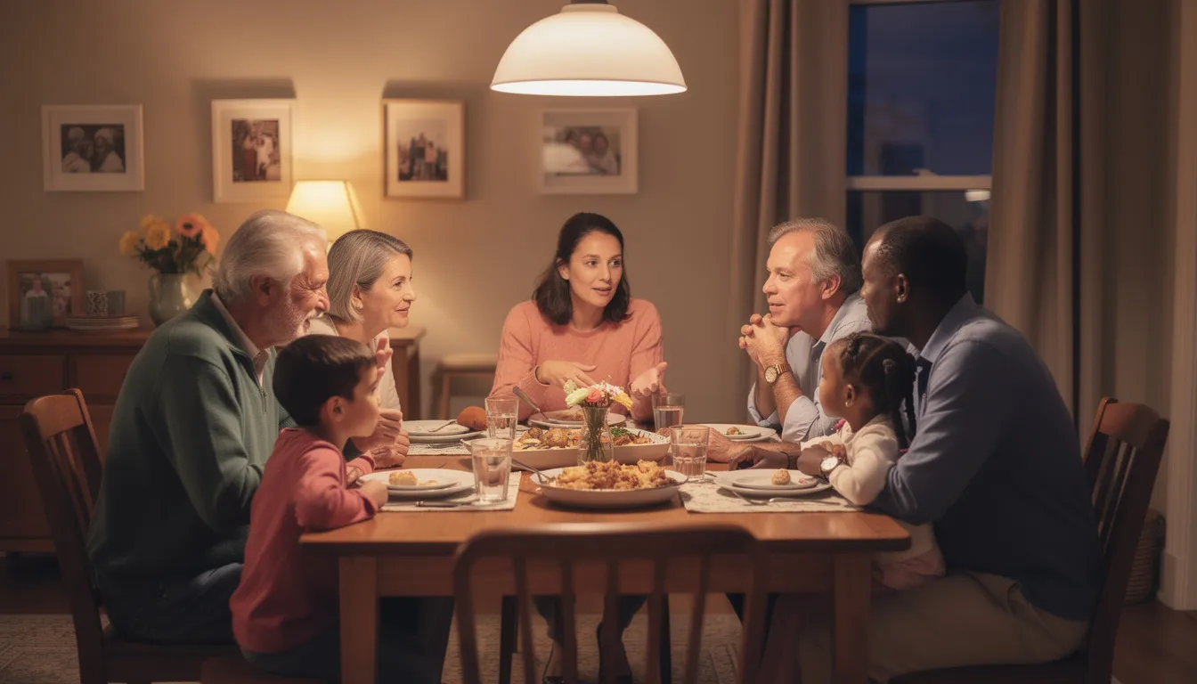 A family of four is gathered around a dining table, engaged in a serious discussion about managing financial matters, including how to pay debts and the implications of a deceased person's debts on surviving family members. The atmosphere is tense as they consider the impact of credit card debt, medical bills, and other outstanding debts on their financial future.