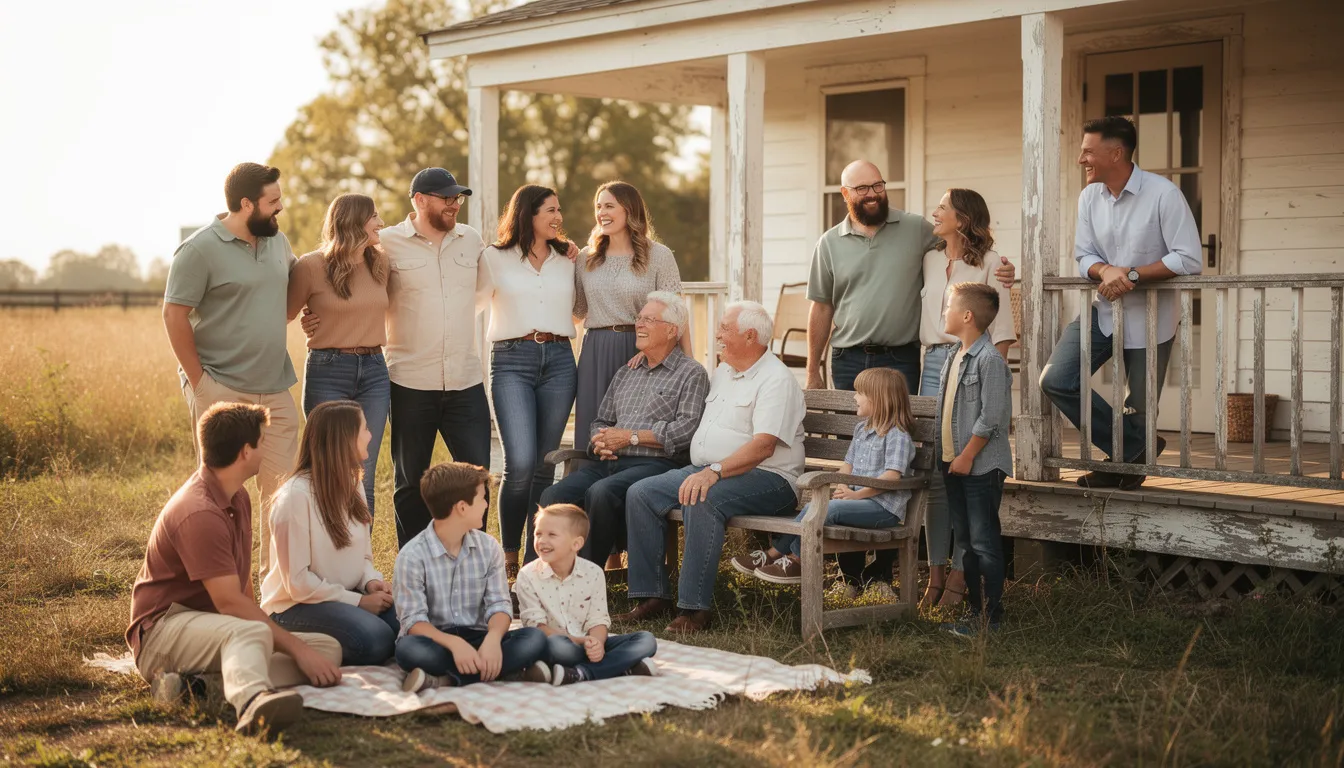 A multi-generational family is gathered outside a charming farmhouse, sharing laughter and stories as they enjoy each other's company. This scene reflects the importance of family support, which can be crucial for navigating topics like medicaid eligibility and long-term care planning.