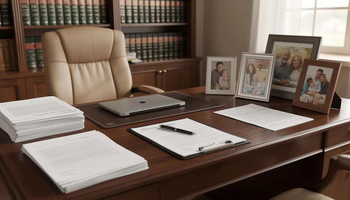 The image depicts a professional office workspace featuring a desk cluttered with legal documents and framed family photos, suggesting a blend of personal and financial responsibilities. This setting reflects the complexities of managing debts, such as credit card debt and medical bills, especially in the context of what happens to a deceased person's debts and the impact on surviving family members.