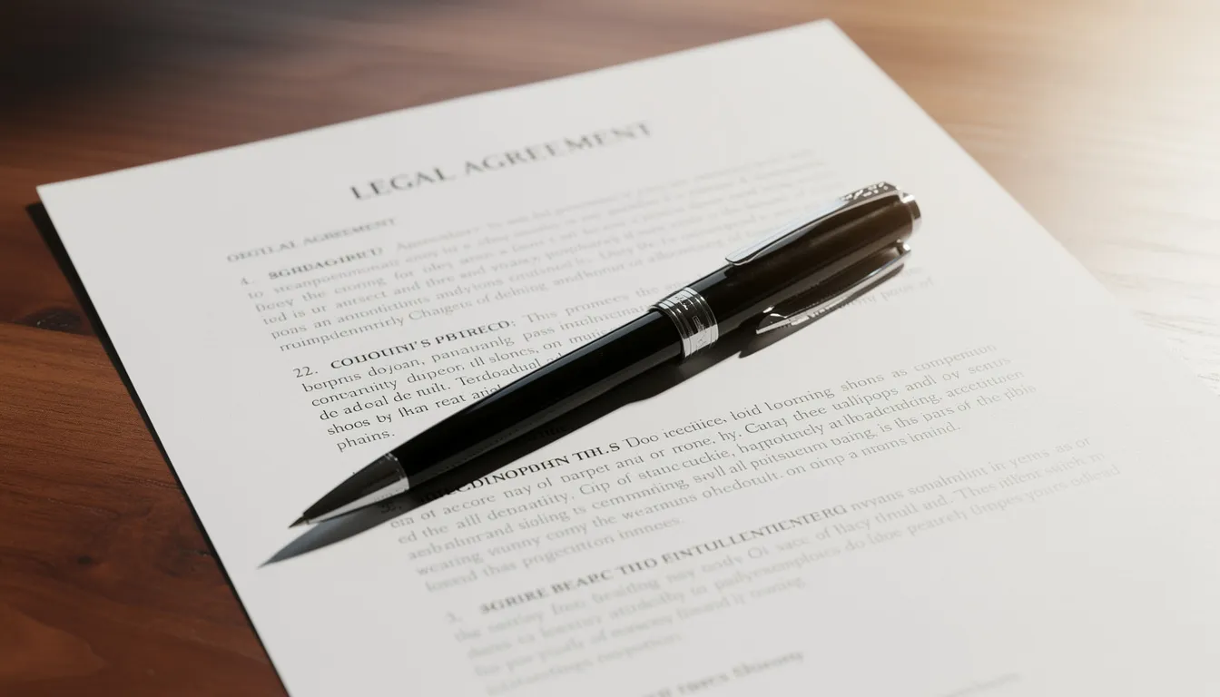 The image shows legal documents and a pen placed on a polished wooden desk, suggesting a setting for important discussions about estate planning or Medicaid eligibility. This environment may be used for planning Medicaid benefits and understanding asset protection strategies for nursing home care.