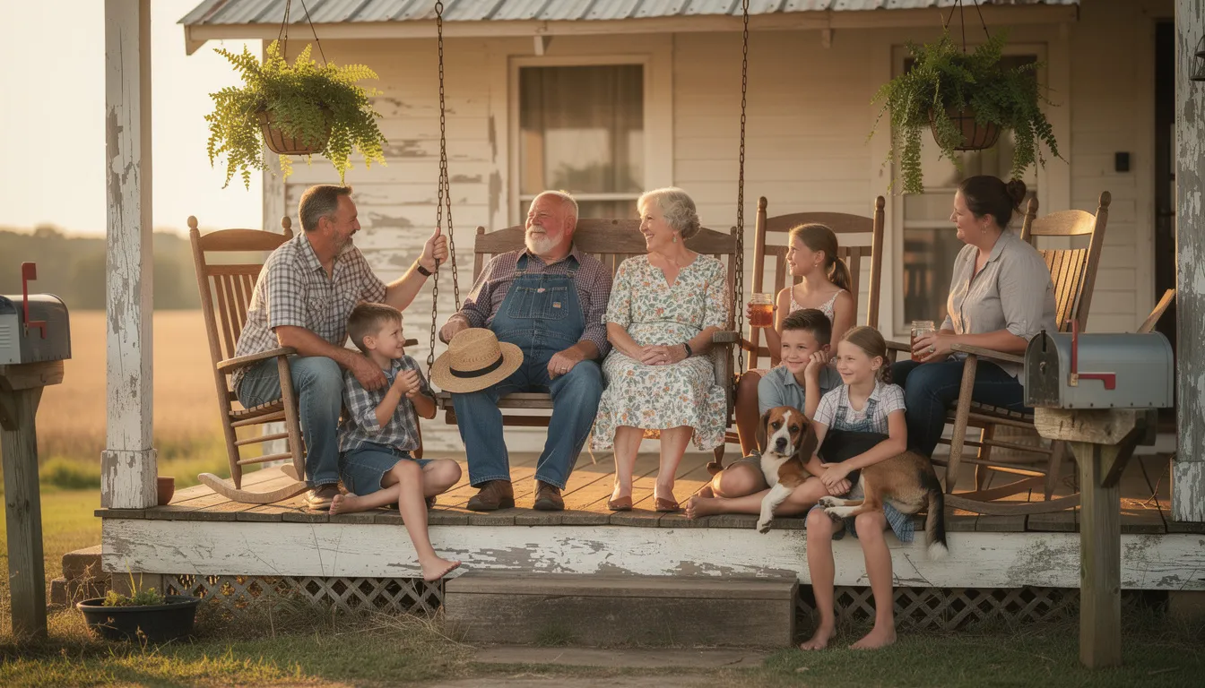 A multi-generational Mississippi family is gathered on a farmhouse porch, smiling and enjoying each other's company. This scene highlights the importance of family bonds and estate planning, as they discuss crucial legal documents like wills and trusts to manage assets and protect their loved ones' future.