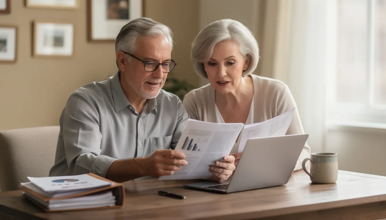 An older couple is seated at a desk, closely reviewing crucial legal documents related to their estate planning. They appear engaged in discussions about managing assets and ensuring their wishes are fulfilled in accordance with Mississippi law.