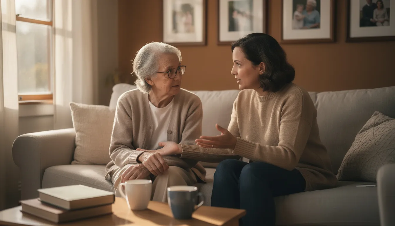 An elderly person and an adult family member are engaged in a warm conversation at home, sharing moments that reflect their bond. The setting suggests a comfortable living space, emphasizing the importance of family support, especially for individuals with disabilities who may benefit from programs like the Mississippi ABLE plan.