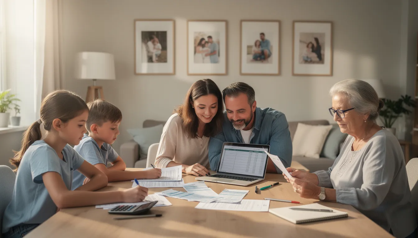 A family is gathered around a table, reviewing financial documents related to their Mississippi ABLE account, discussing savings accounts and qualified disability-related expenses to better manage their long-term savings. The atmosphere is focused and collaborative as they navigate the details of their financial planning.