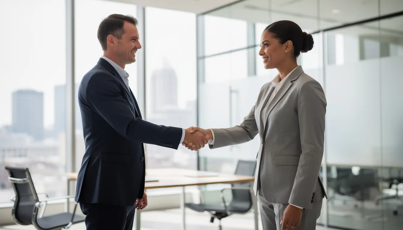 The image depicts a professional handshake between two individuals in an office setting, symbolizing a successful collaboration or agreement. This moment may represent discussions around estate planning and wills in Mississippi, focusing on crucial legal documents that help manage assets and protect the interests of families and loved ones.