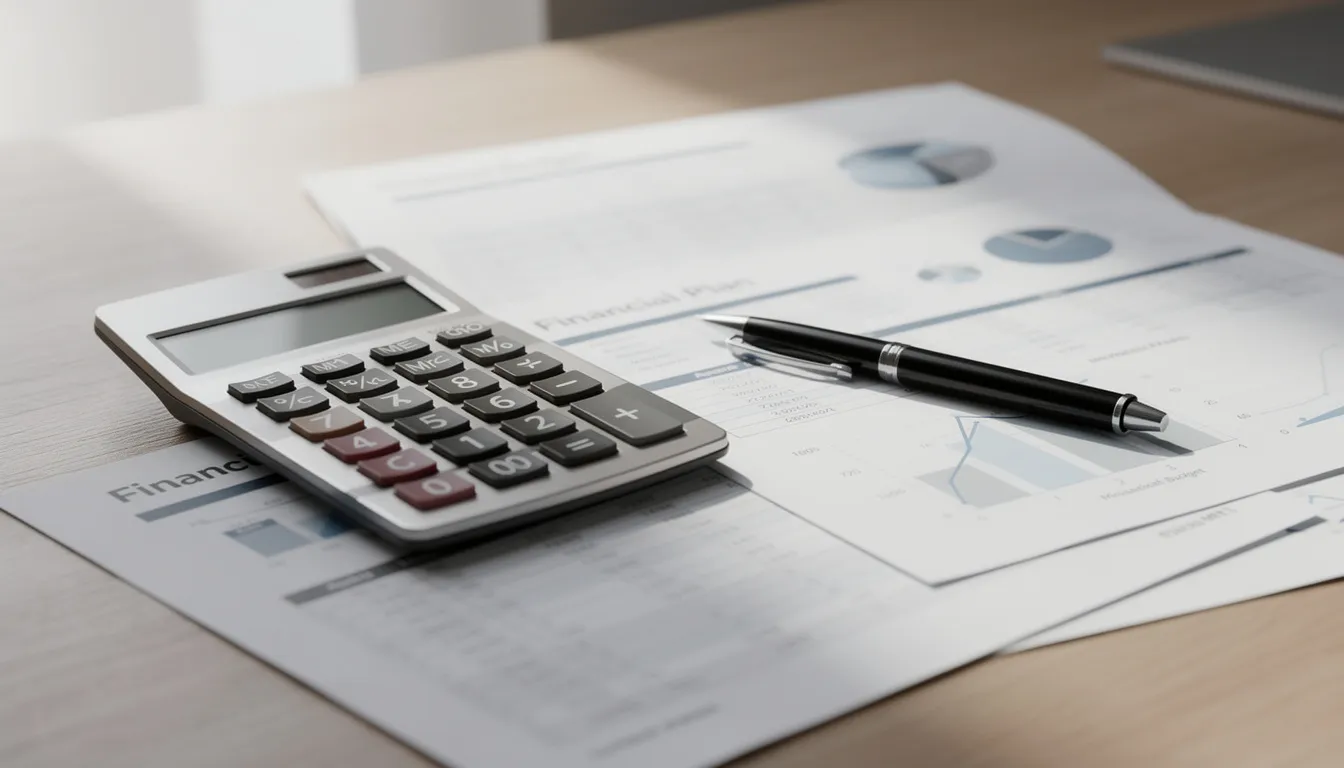 The image shows a calculator, a pen, and financial planning documents arranged on a desk, suggesting a focus on budgeting and financial management. This setup may relate to managing an able account, where individuals with disabilities can save for qualified disability-related expenses while maintaining access to public benefits.