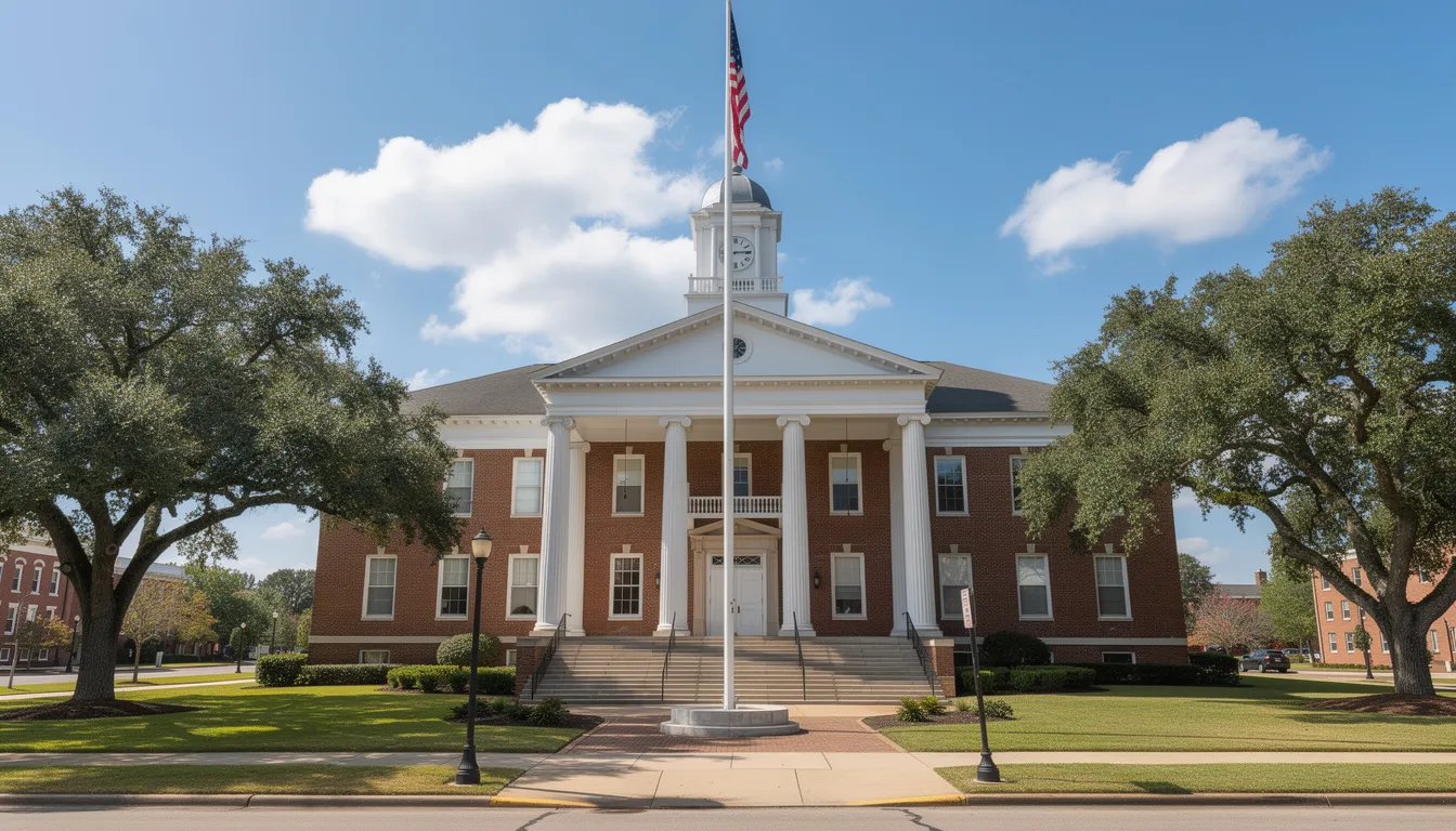 The image features a traditional Mississippi courthouse building characterized by its grand columns and classic architectural design, symbolizing the legal processes such as probate proceedings and estate planning. This courthouse is a central location for matters related to wills, estate disputes, and the distribution of a loved one's estate.