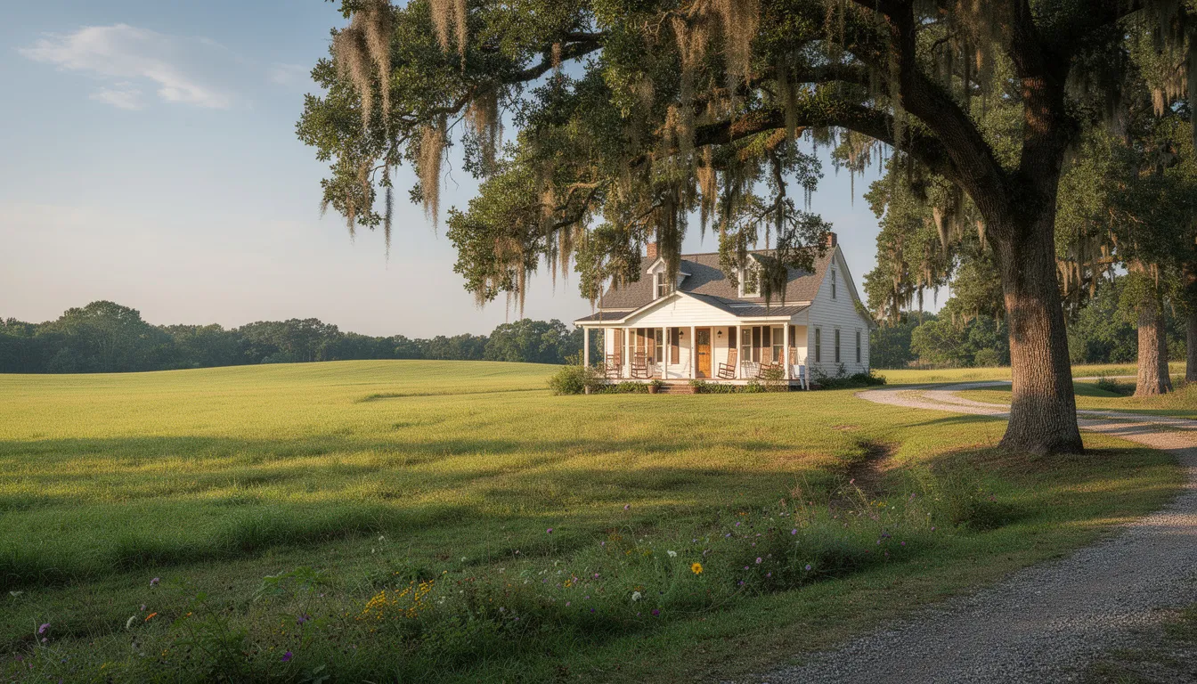 The image depicts a serene Mississippi countryside featuring lush oak trees and a charming family home in the background, evoking a sense of tranquility often associated with family legacies and the importance of legal documents like a last will and testament. This picturesque setting reflects the values of family and community, which are essential in discussions about estate planning and the probate process in Mississippi.
