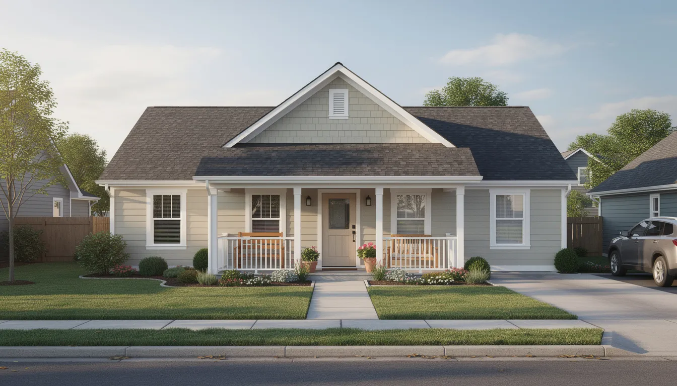 The image depicts a charming single-story family home with a welcoming front porch, situated in a peaceful suburban neighborhood. This inviting residence may be of interest to those exploring options like Medicaid eligibility for nursing home care or other medical services, particularly for families considering financial assistance for long-term care.