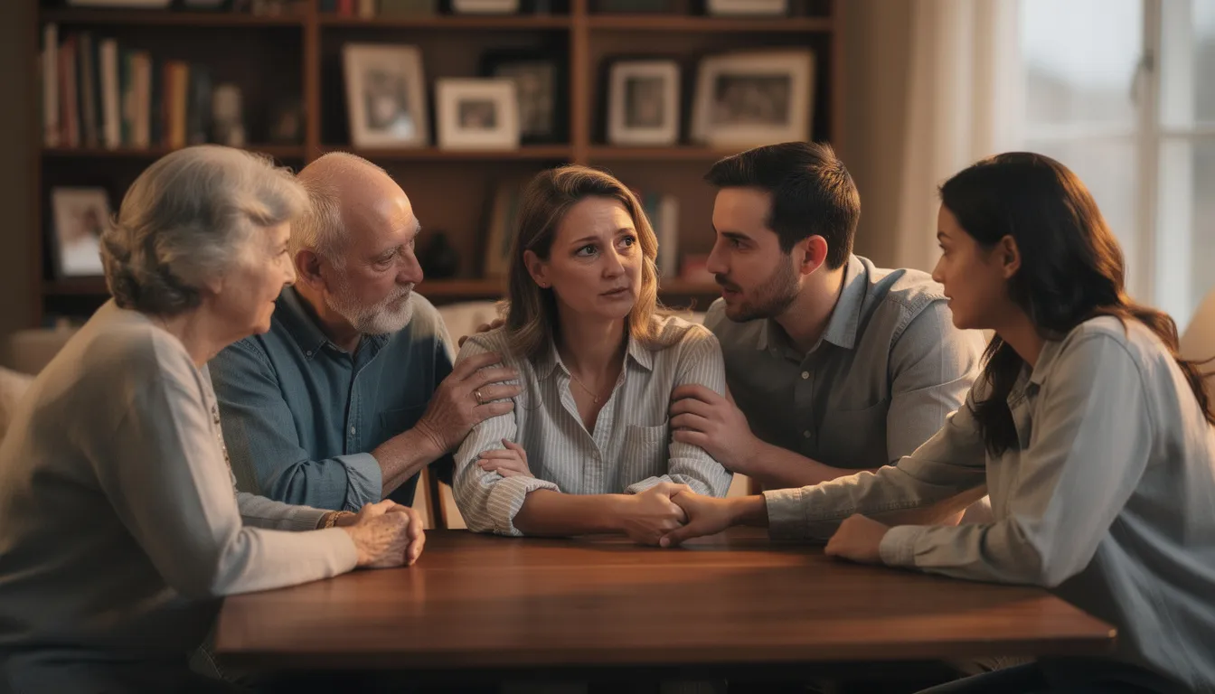 A group of family members is seated around a table, engaged in a supportive conversation about end-of-life care planning and the unique challenges faced by their loved ones with developmental disabilities. They are discussing important topics such as medical history, advance care planning, and the wishes of their family members to ensure a compassionate support system for the future.