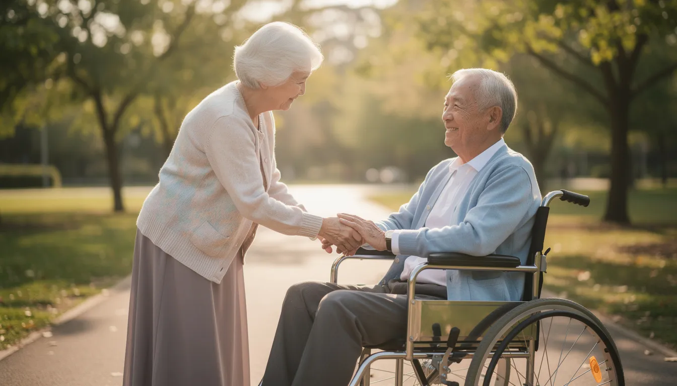 An elderly couple is holding hands, with one partner seated in a wheelchair, showcasing their bond and support for each other. This image reflects the importance of companionship, especially as they navigate issues related to nursing home care and medicaid eligibility.