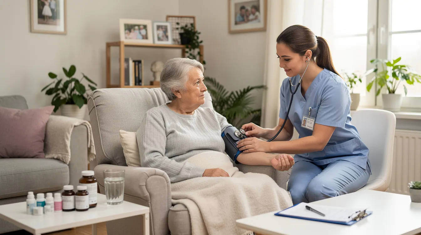 An elderly person is receiving skilled nursing care at home from a home health aide, who is providing assistance with daily living activities and medication reminders. This scene highlights the importance of home health care services and the potential for home health care expenses to be considered deductible medical expenses for tax purposes.