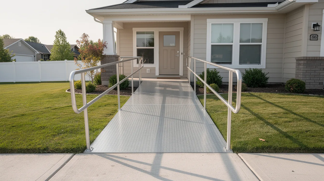 A wheelchair ramp is installed at the entrance of a residential home, providing essential access for individuals with mobility challenges. This home modification is considered a medically necessary service and may qualify as a tax deductible medical expense under IRS criteria.
