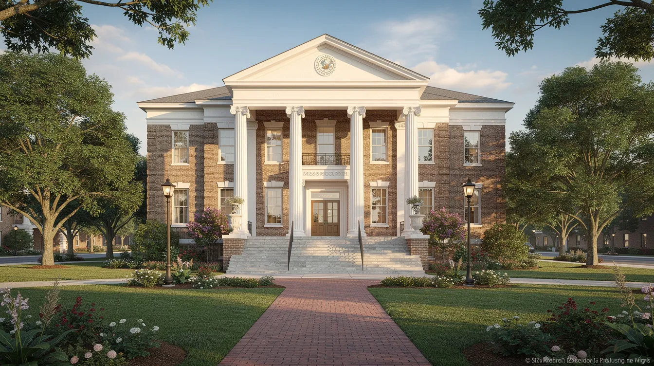 The image depicts a Mississippi courthouse featuring grand columns and well-maintained landscaping, symbolizing the legal process involved in probate cases. This building represents the venue where matters such as attorney fees and court costs related to the probate process are addressed.