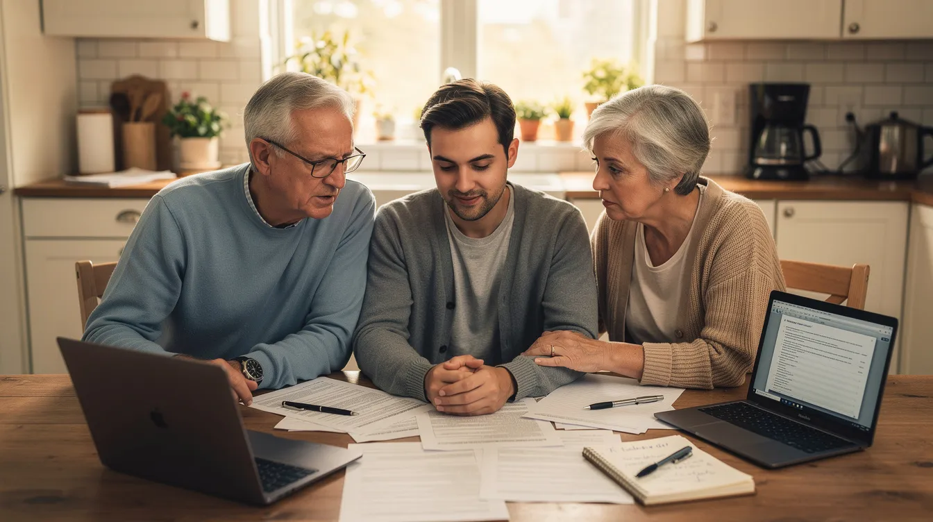An older couple sits at a kitchen table with their adult child, reviewing important legal documents related to elder law, such as living wills and estate planning. The family is engaged in a discussion about long-term care options and Medicaid planning to protect their loved ones' assets.
