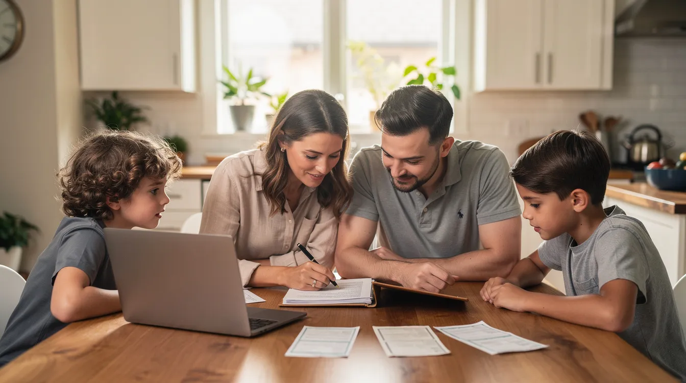 A family is gathered around a kitchen table, reviewing various documents related to the probate process, which may include estate planning papers and the deceased's assets. They appear to be discussing the associated costs such as attorney fees and court filing fees involved in settling the estate in Mississippi.