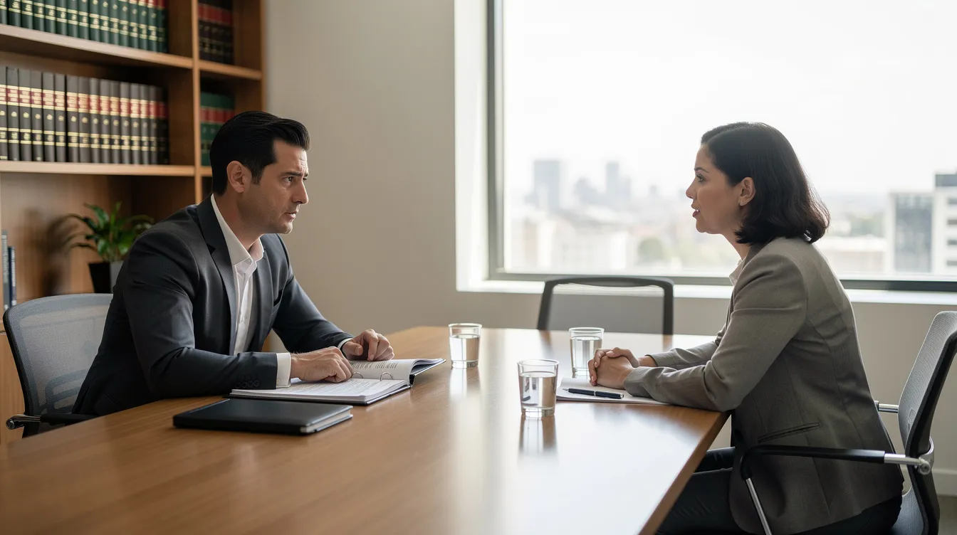 The image shows an attorney sitting across a conference table from a family member, discussing the probate process and associated costs, such as attorney fees and court filing fees, as they navigate the complexities of estate administration after a loved one's passing.