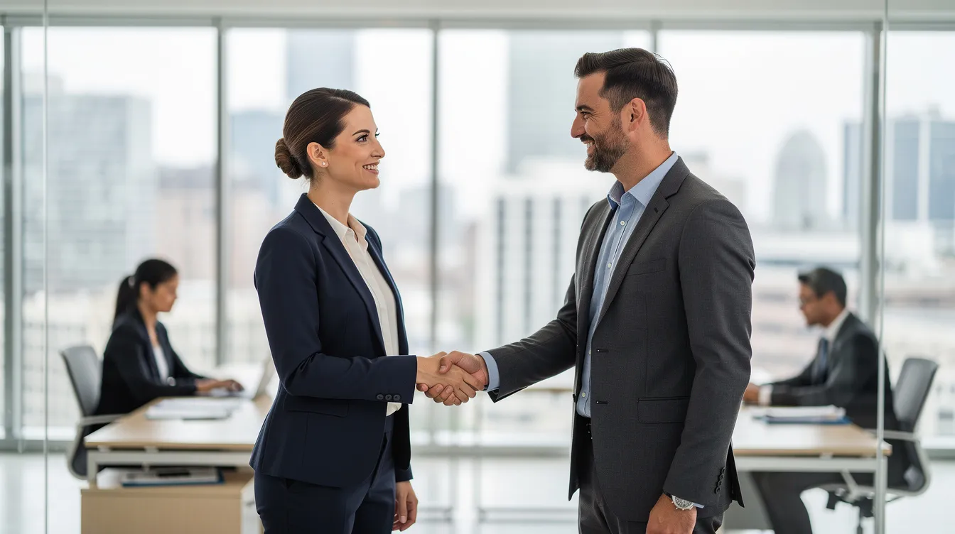 The image shows two professionals shaking hands in a modern office environment, symbolizing a formal agreement or collaboration. This gesture of partnership is often significant in legal matters such as guardianship in Mississippi, where individuals may seek assistance in managing the affairs of a minor or a competent adult.