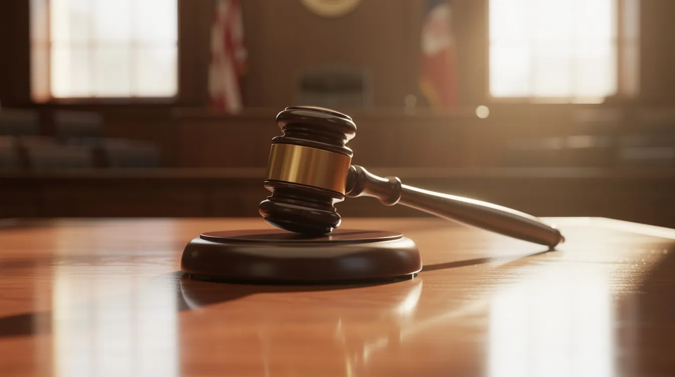 The image shows a judge's gavel resting on a polished wooden desk in a courtroom, symbolizing the authority and responsibility of the court in matters such as legal guardianship and conservatorship. This setting represents the formal process where a judge appoints guardians to manage the affairs of an individual, ensuring their protection under state laws.
