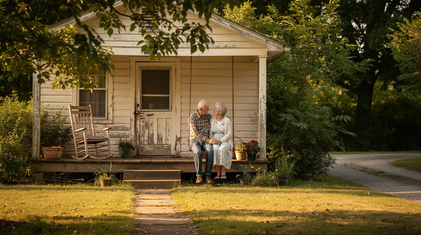 An elderly couple sits closely together on the front porch of a modest Southern home, surrounded by lush green trees, enjoying each other's company. The scene evokes a sense of warmth and companionship, reflecting the importance of community and family, especially in the context of Medicaid benefits and estate planning for aging individuals.