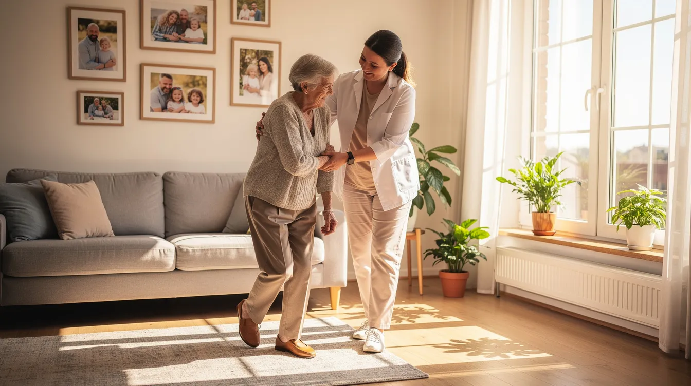 A caregiver is assisting an elderly person as they walk through a bright and sunny living room, showcasing the importance of community-based services in supporting Mississippi seniors. This scene highlights the compassionate care that can help maintain independence and improve quality of life for elderly individuals.