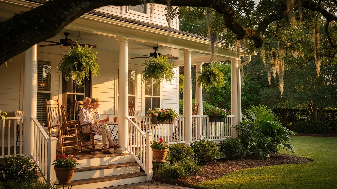 An elderly couple sits comfortably on the porch of a charming traditional Southern home, surrounded by lush green trees. They enjoy their peaceful moment, reflecting the warmth of community and the importance of planning for Medicaid eligibility and benefits for Mississippi residents.