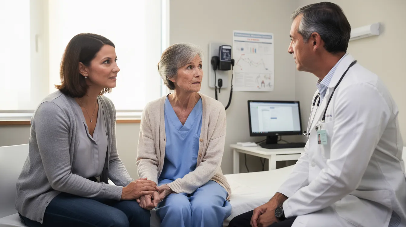 A doctor is gently discussing important health and financial matters with an older adult and their adult daughter in an exam room, emphasizing the need for estate planning and awareness of memory changes that could indicate early signs of dementia. The conversation highlights the importance of managing finances and making informed decisions for loved ones' future well-being.