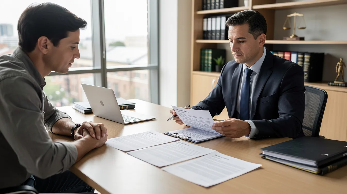A person is seated at a desk, reviewing legal documents with a professional, likely discussing matters related to Medicaid estate recovery and the implications for deceased Medicaid recipients. The atmosphere is focused and professional, suggesting an important conversation about estate planning and eligibility for Medicaid benefits.