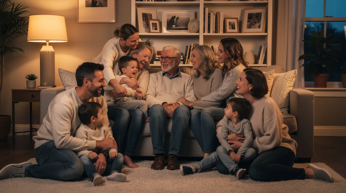 A multi-generational family is gathered in a cozy living room, sharing laughter and stories, highlighting the importance of family bonds and support. This scene reflects the warmth of home and community, essential for those navigating Medicaid benefits and estate recovery programs.