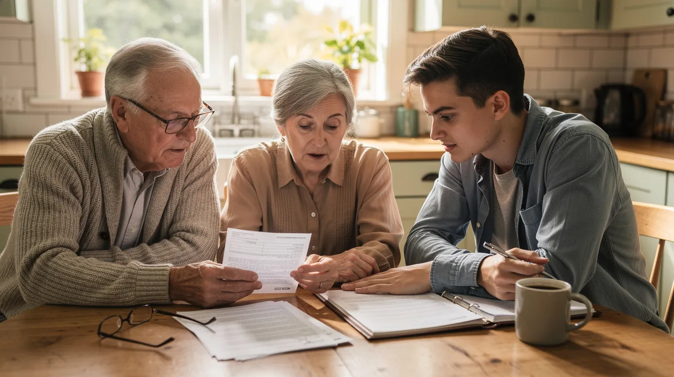The image shows an elderly couple sitting at a kitchen table with a younger family member, as they review important documents together. This scene reflects family support and discussions about government benefits, such as supplemental security income, which can be critical for loved ones with disabilities.