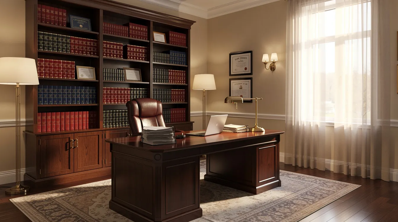 The image depicts a professional law office featuring warm lighting and extensive bookshelves filled with legal texts, creating an inviting atmosphere for clients seeking estate planning services. This setting suggests a focus on managing financial affairs, including living trusts and estate planning, to protect assets and provide for family members.
