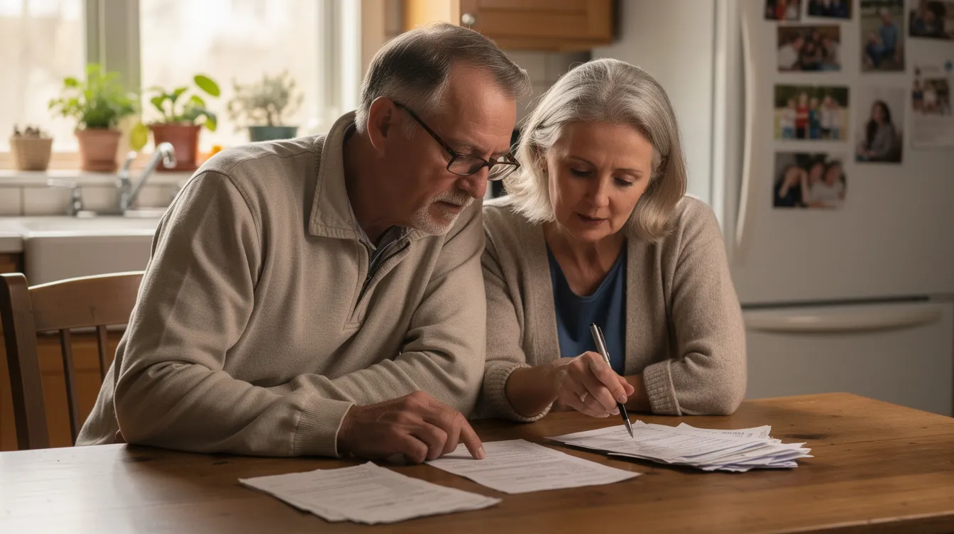 An older couple sits at a kitchen table, closely reviewing paperwork related to their estate planning, which may include a trust document for a revocable living trust. They appear engaged in discussing their financial affairs and the importance of protecting their assets for their loved ones.