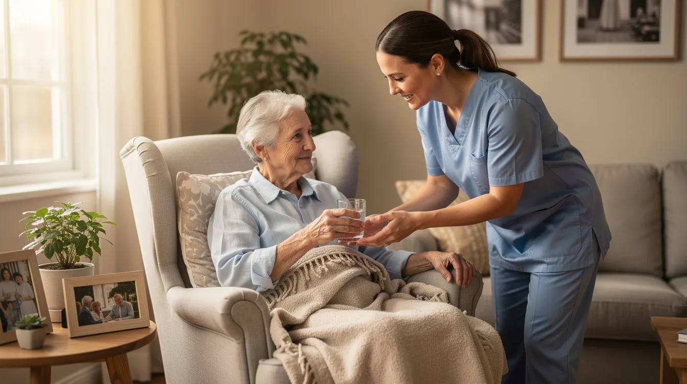 An elderly person sits comfortably in a cozy room, receiving assistance from a caregiver, highlighting the importance of support for those navigating long-term care options and Medicaid benefits. This scene emphasizes the need for careful planning strategies to protect personal assets and ensure eligibility for necessary services.