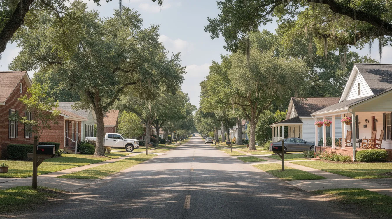 The image depicts a serene small-town street in Mississippi, lined with mature trees and charming family homes, evoking a sense of community and tranquility. This peaceful setting is ideal for families looking to manage their financial affairs and plan for the future, including estate planning and establishing a living trust to protect their assets and provide for loved ones.