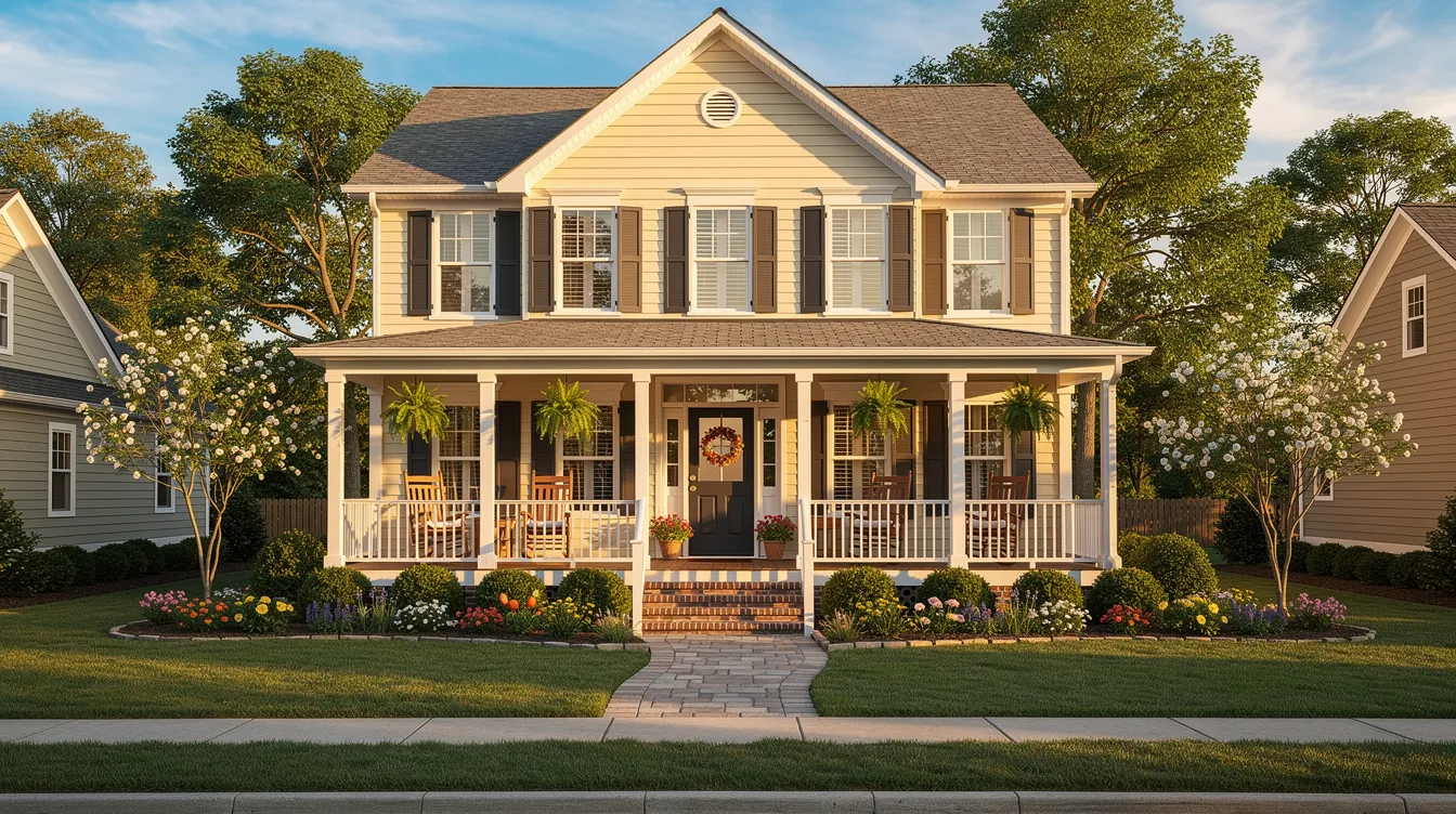 The image depicts a charming Southern family home featuring a welcoming front porch and a beautifully landscaped yard, symbolizing a safe and comfortable environment for family members. This serene setting reflects the importance of asset protection strategies and medicaid planning for long-term care costs.