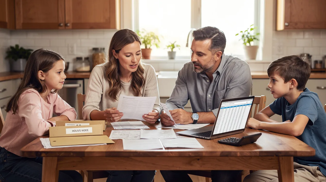 A family gathers around a kitchen table, reviewing financial documents together to assess their financial history and navigate Medicaid eligibility. They discuss important topics such as the Medicaid look back period and asset transfers to ensure they understand the implications for Medicaid benefits.