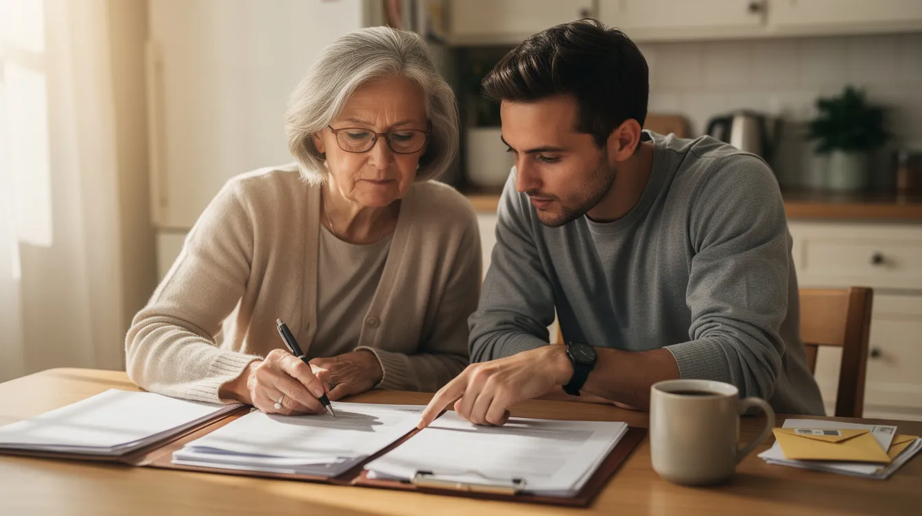 An elderly parent and their adult child are seated at a kitchen table, reviewing important legal documents related to power of attorney and financial decisions. This scene highlights the essential discussions families must have regarding the best interests of aging parents, especially in light of potential cognitive decline or health care decisions.