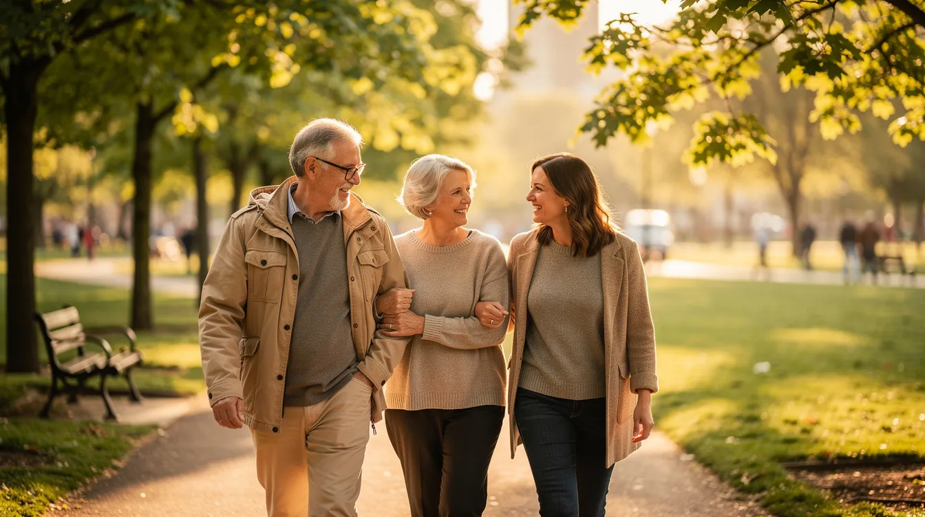 An older couple walks hand in hand in a park, accompanied by their adult daughter, enjoying a sunny day together. This scene reflects the importance of family support, especially when dealing with legal matters such as power of attorney for aging parents facing cognitive decline.