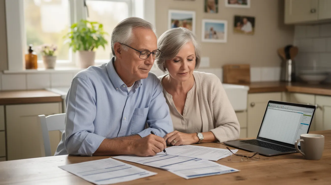 An older couple is sitting at a kitchen table, carefully reviewing financial documents related to estate planning and the probate process. They appear focused as they discuss matters pertaining to the distribution of remaining assets, reflecting on the legal steps involved in managing the deceased person's estate.