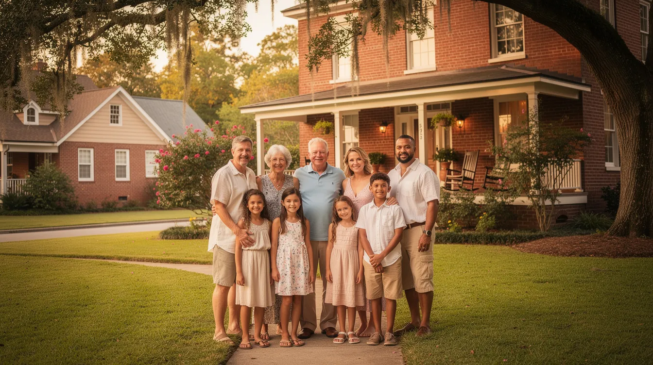 A multigenerational family stands together outside a brick home in a lush green Southern neighborhood, showcasing the bonds of family across generations. This image reflects the importance of estate planning and asset protection, particularly in the context of medicaid eligibility and long-term care benefits.
