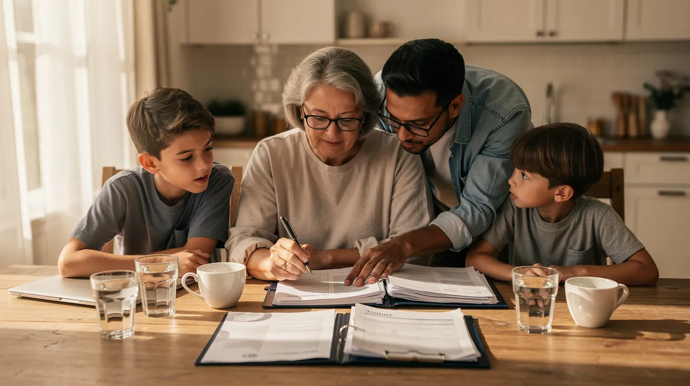 A family is gathered around a kitchen table, reviewing paperwork with reading glasses and coffee cups present. They appear to be discussing important topics related to Medicaid benefits and asset protection strategies, possibly considering options like a Medicaid asset protection trust for long-term care planning.