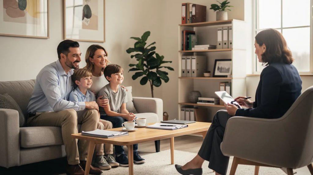 The image depicts a family gathered in a cozy office with a professional advisor, discussing the probate process and estate planning. The atmosphere is warm and inviting, emphasizing the importance of legal guidance in managing the deceased person's estate and distributing remaining assets.