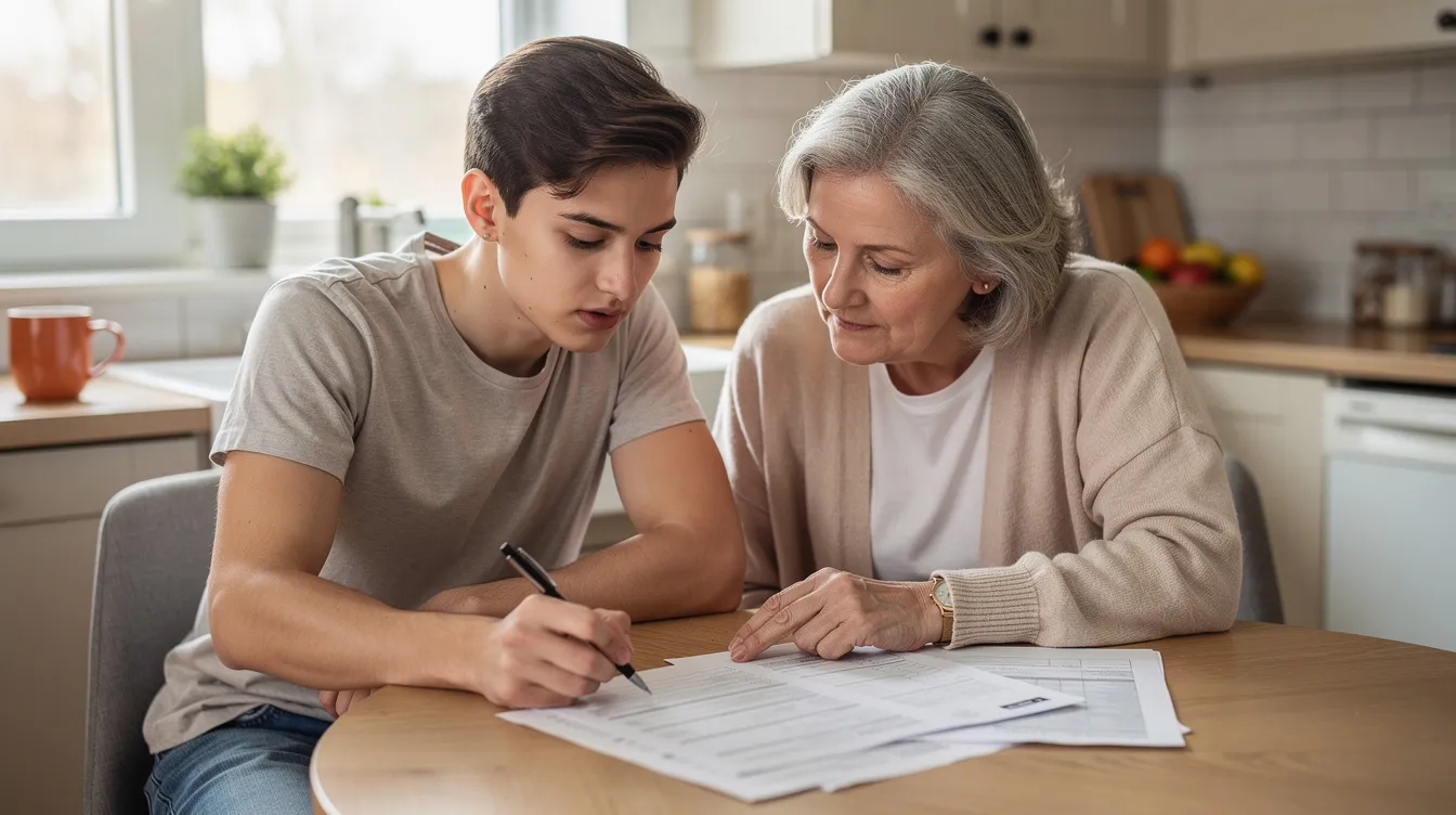 A young adult and their parent are seated at a kitchen table, reviewing important paperwork related to financial assistance and government benefits, including supplemental security income and social security disability insurance. This collaborative effort highlights the importance of planning for a secure future and understanding eligibility for various benefits that support individuals with disabilities.